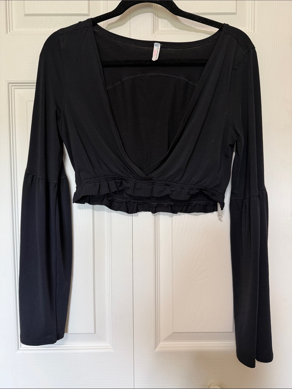 FP Movement by Free People Black Wrap Crop Top with Ruffle Hem